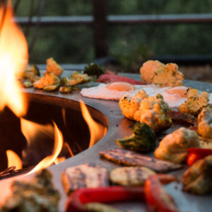 legumes-feu-vegetarien-origin-plancha-plancha à bois-met-inox-damienrais-foyer exterieur-brasero-barbecue- acier-inox-grillade-cheminee jardin-carré